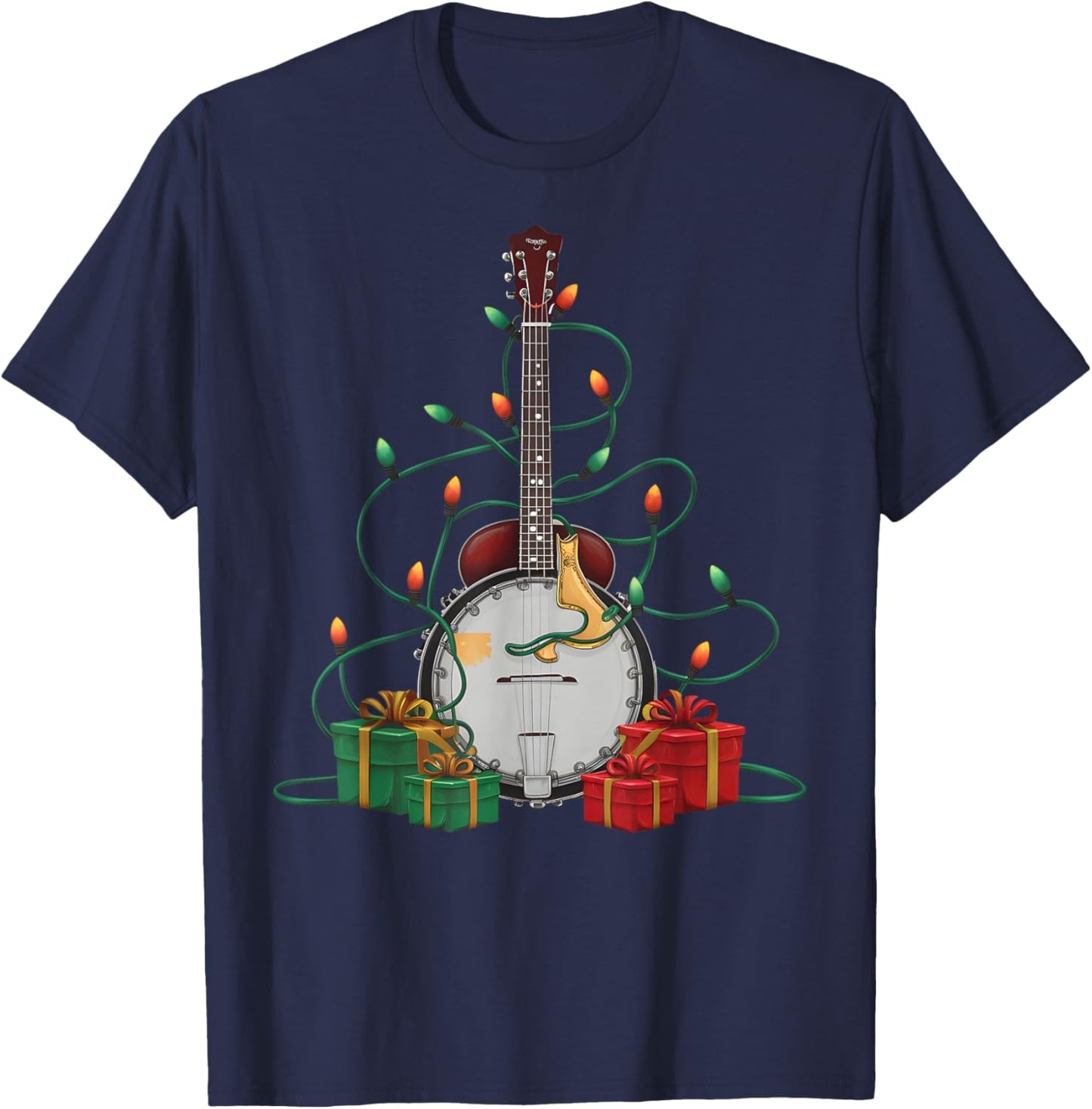 Xmas Lighting Santa Musical Banjo Christmas T-Shirt - T-Shirt | Navy