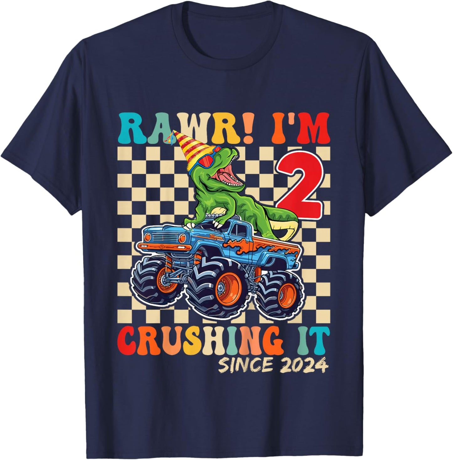 2nd Birthday Monster Truck Dinosaur Party Boys Rawr I'm 2 T-Shirt - T-Shirt | Navy
