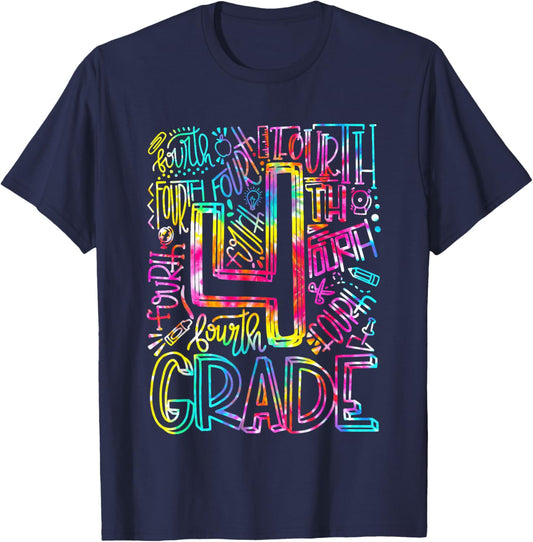 Tie Dye 4th Grade Typography Team Fourth Grade Teacher Gift Men Women Kids T-Shirt - T-Shirt | Navy