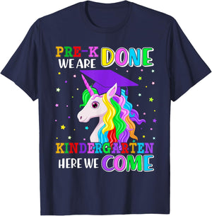 Pre-K Graduation 2025 Unicorn Girl Kindergarten Here We Come T-Shirt - T-Shirt | Navy