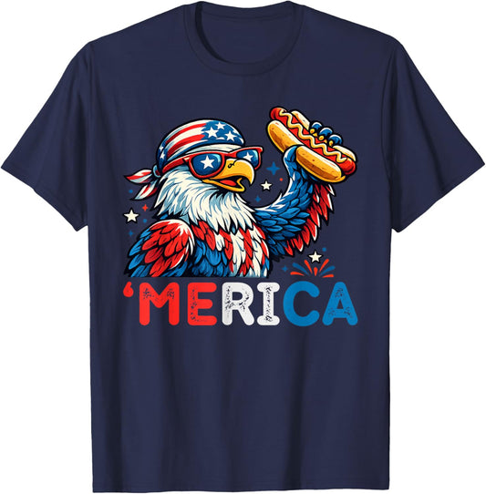 Funny Merica Bald Eagle Hotdog US Patriotic July 4th 2026 T-Shirt - T-Shirt | Navy