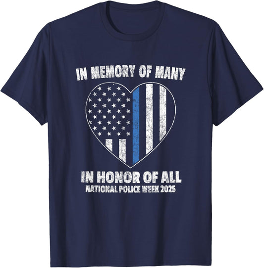National Police Week 2025 - Blue Line American Flag Heart T-Shirt - T-Shirt | Navy