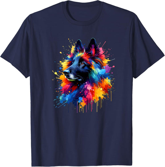 Colorful Splash Art Belgian Sheepdog Groenendael Haut de Gamme T-Shirt - T-Shirt | Navy