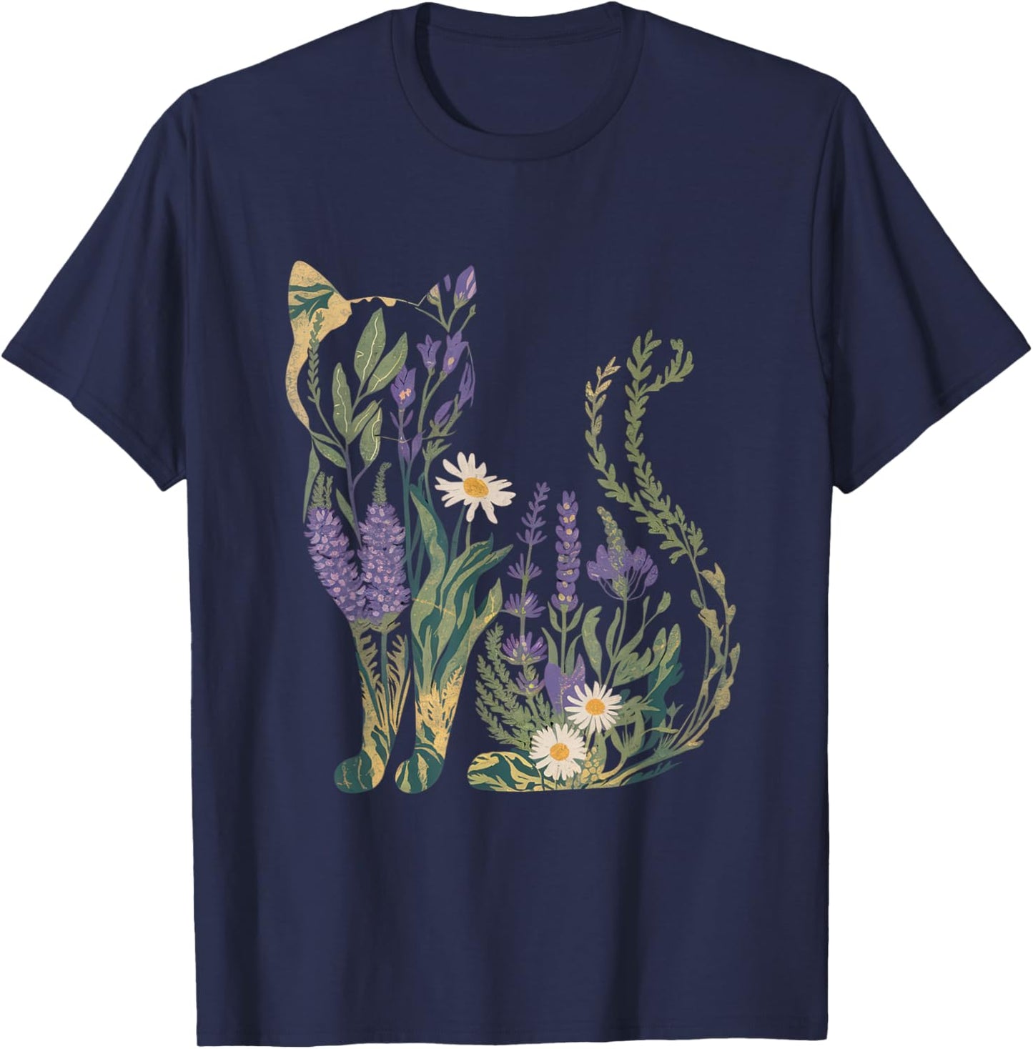 Boho Katze Pflanzen Damen Mädchen Herren Blumen T-Shirt - T-Shirt | Navy