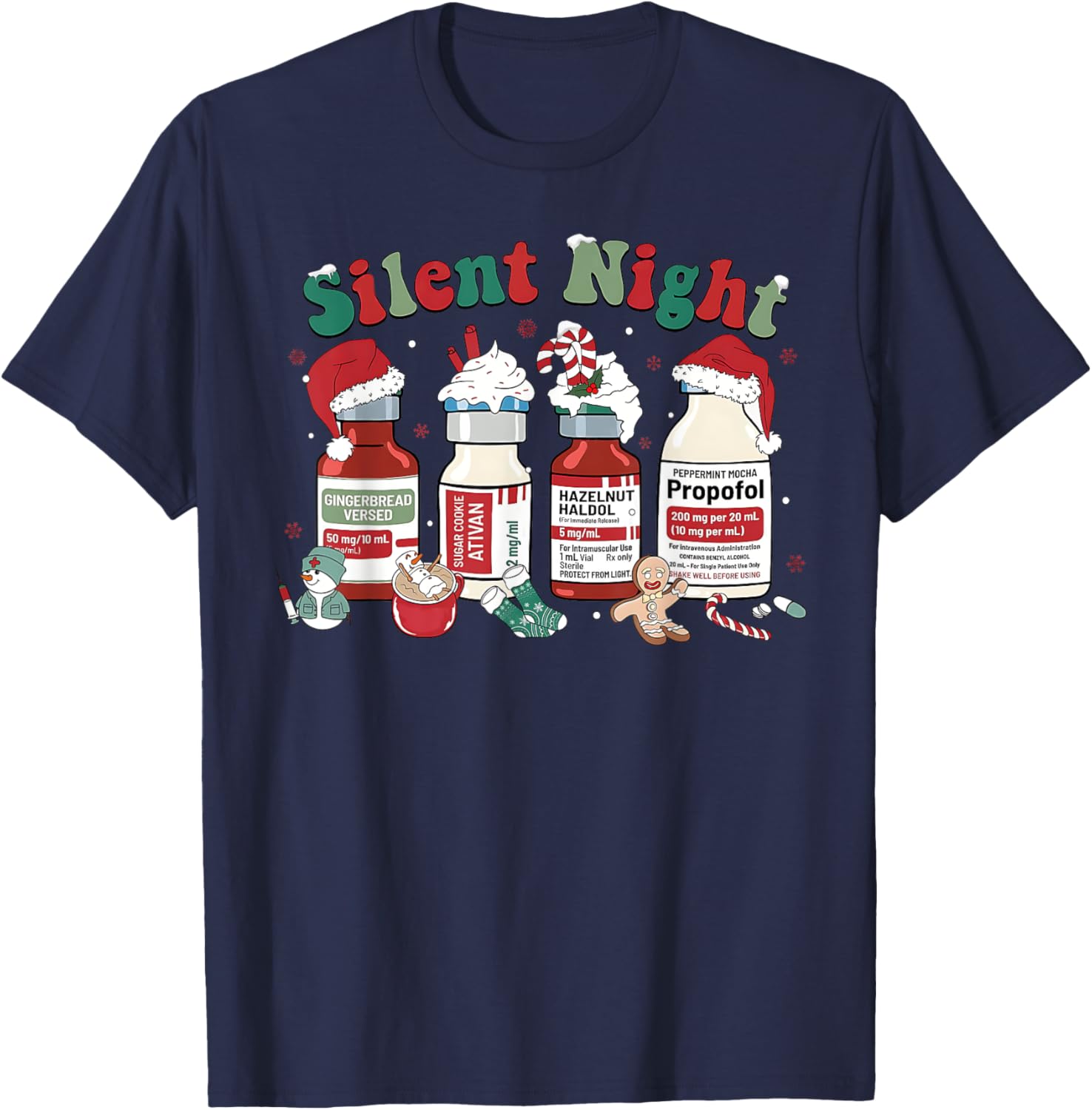 Retro Propofol Silent Night ICU Nurses Funny Merry Christmas T-Shirt - T-Shirt | Navy