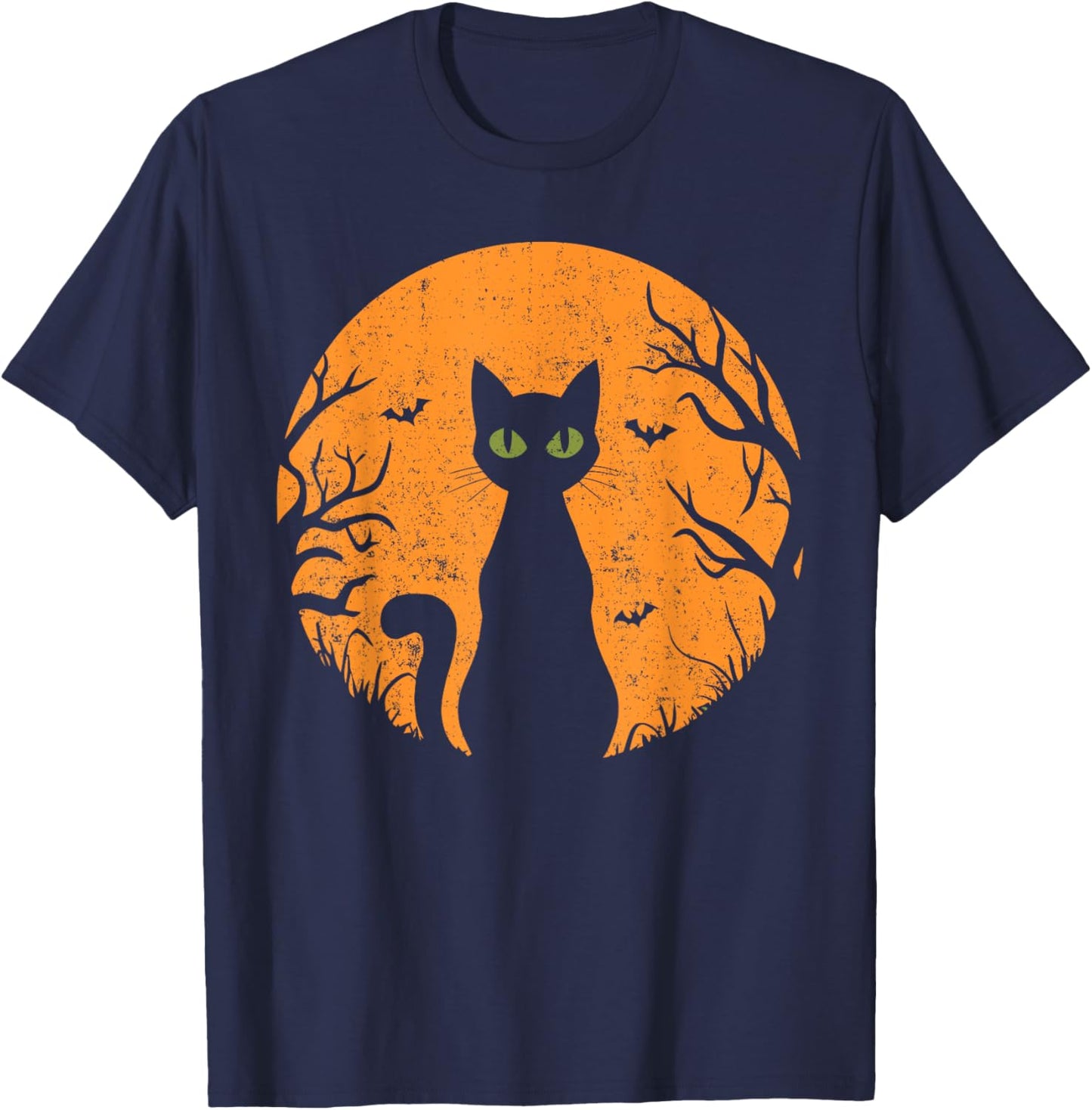 Vintage Scary Halloween Cat Costume Retro Cat Moon Men Women Kids T-Shirt - T-Shirt | Navy