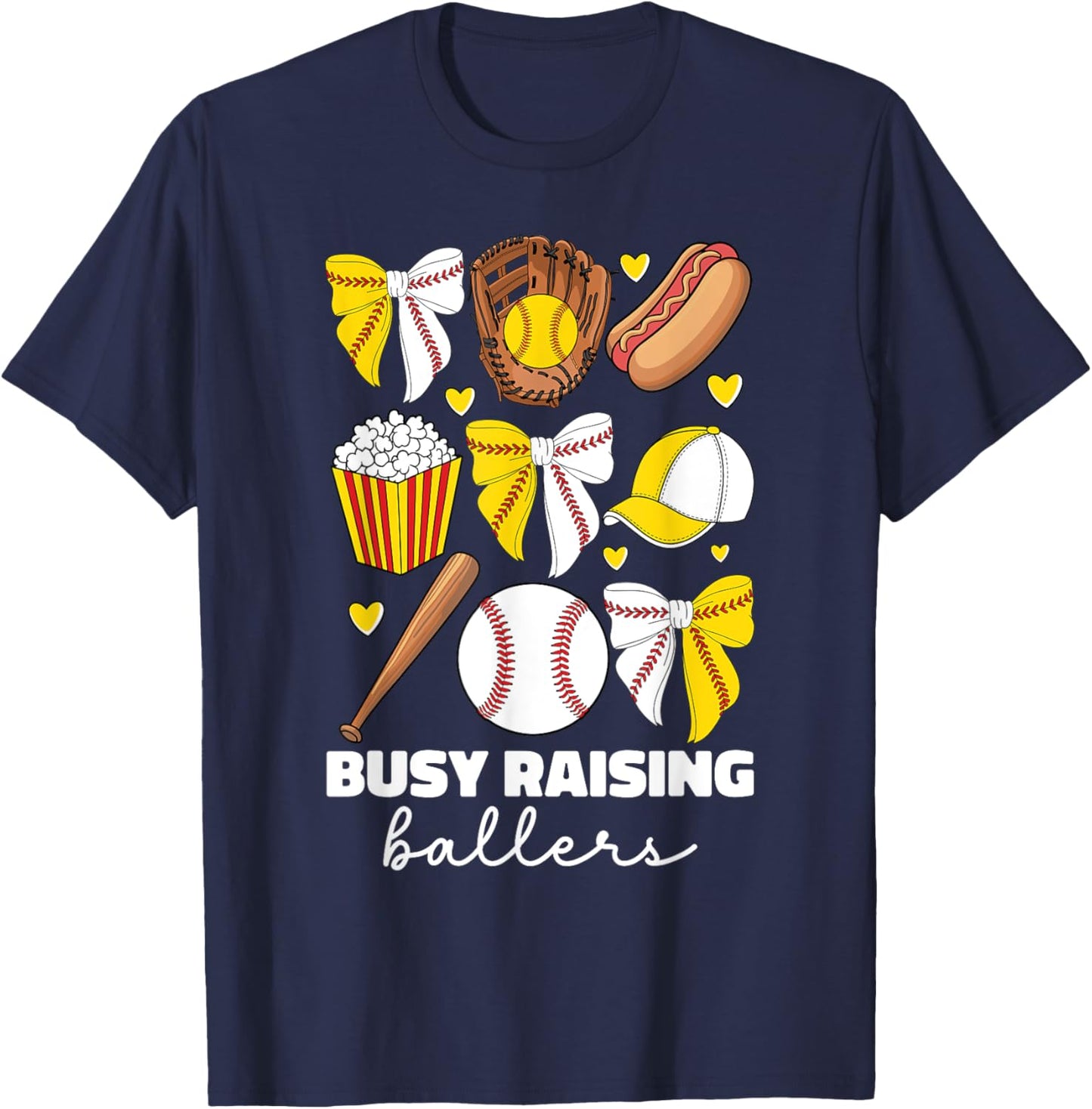 Busy Raising Ballers Baseball And Softball Mom Coquette Bow T-Shirt - T-Shirt | Navy