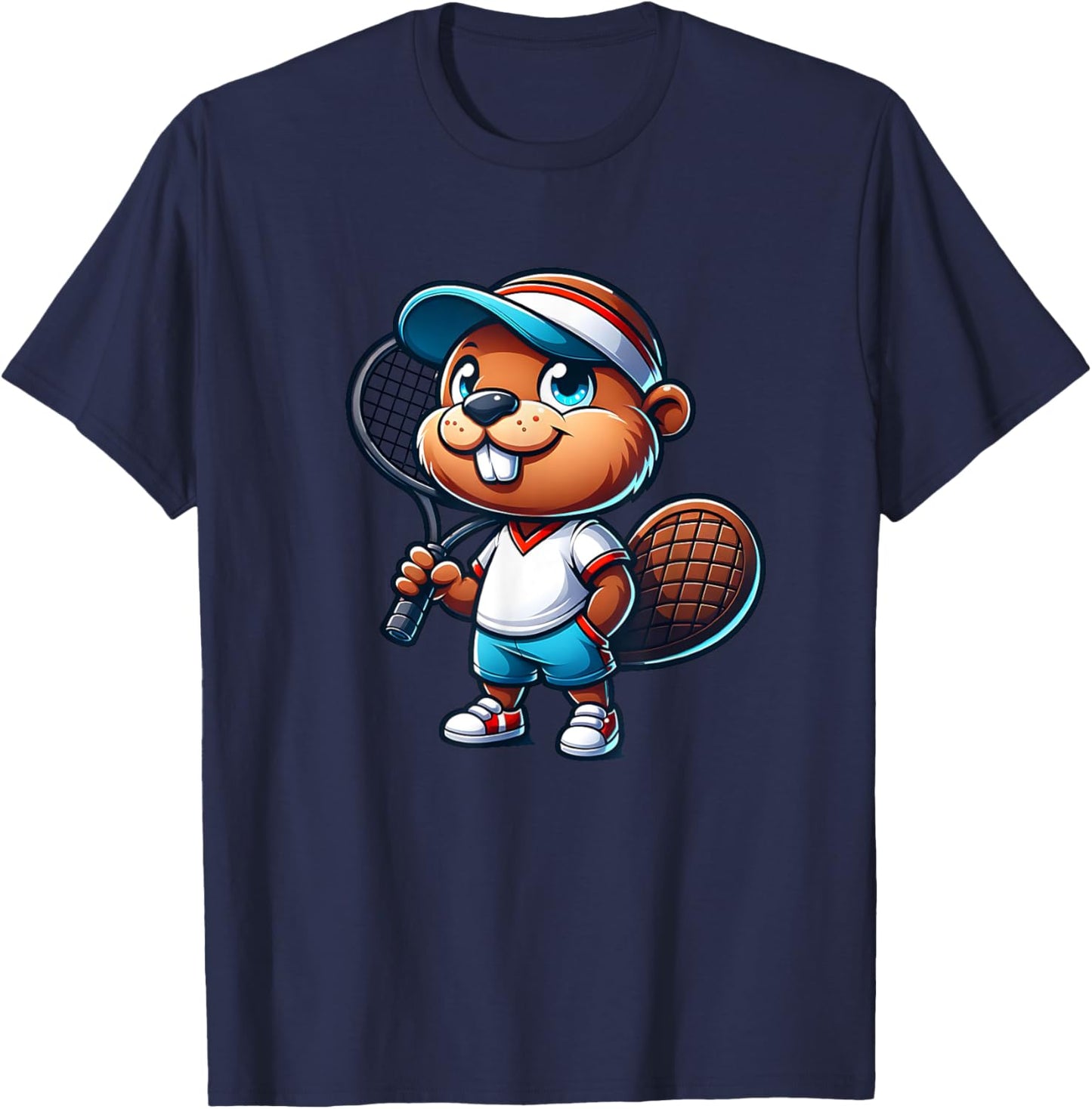 Funny Beaver Tennis Player Rodent Ball Court Sport T-Shirt - T-Shirt | Navy