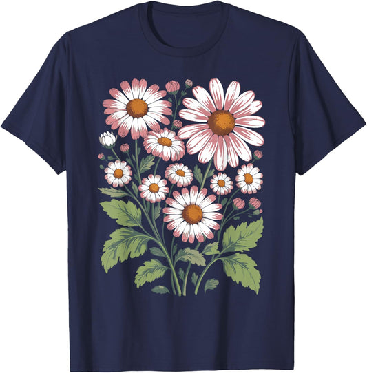 Retro Wildflowers Flowers Pattern Summer Spring Boho Vintage T-Shirt - T-Shirt | Navy