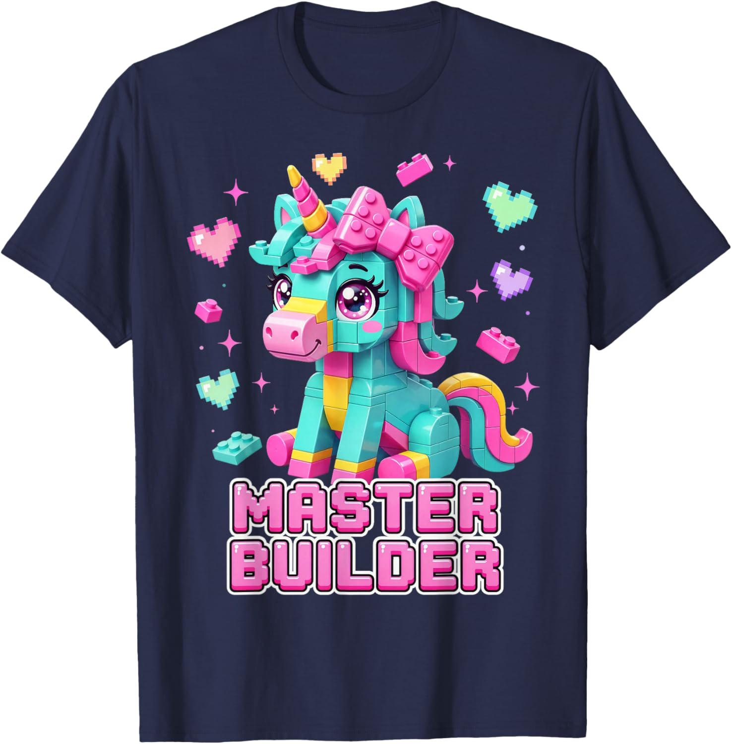 Master Builder Kids Girls Building Bricks Unicorn Lover T-Shirt - T-Shirt | Navy