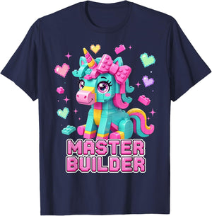 Master Builder Kids Girls Building Bricks Unicorn Lover T-Shirt - T-Shirt | Navy