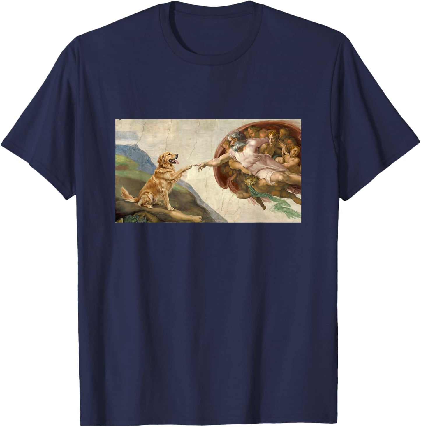 Hand of God Golden Retriever Dog Parody Funny Michelangelo T-Shirt - T-Shirt | Navy