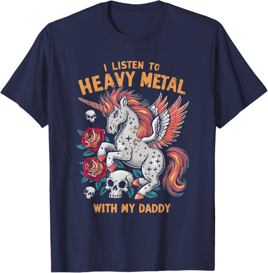 I Listen To Heavy Metal With My Daddy, Rock Unicorn Kids T-Shirt - T-Shirt | Navy