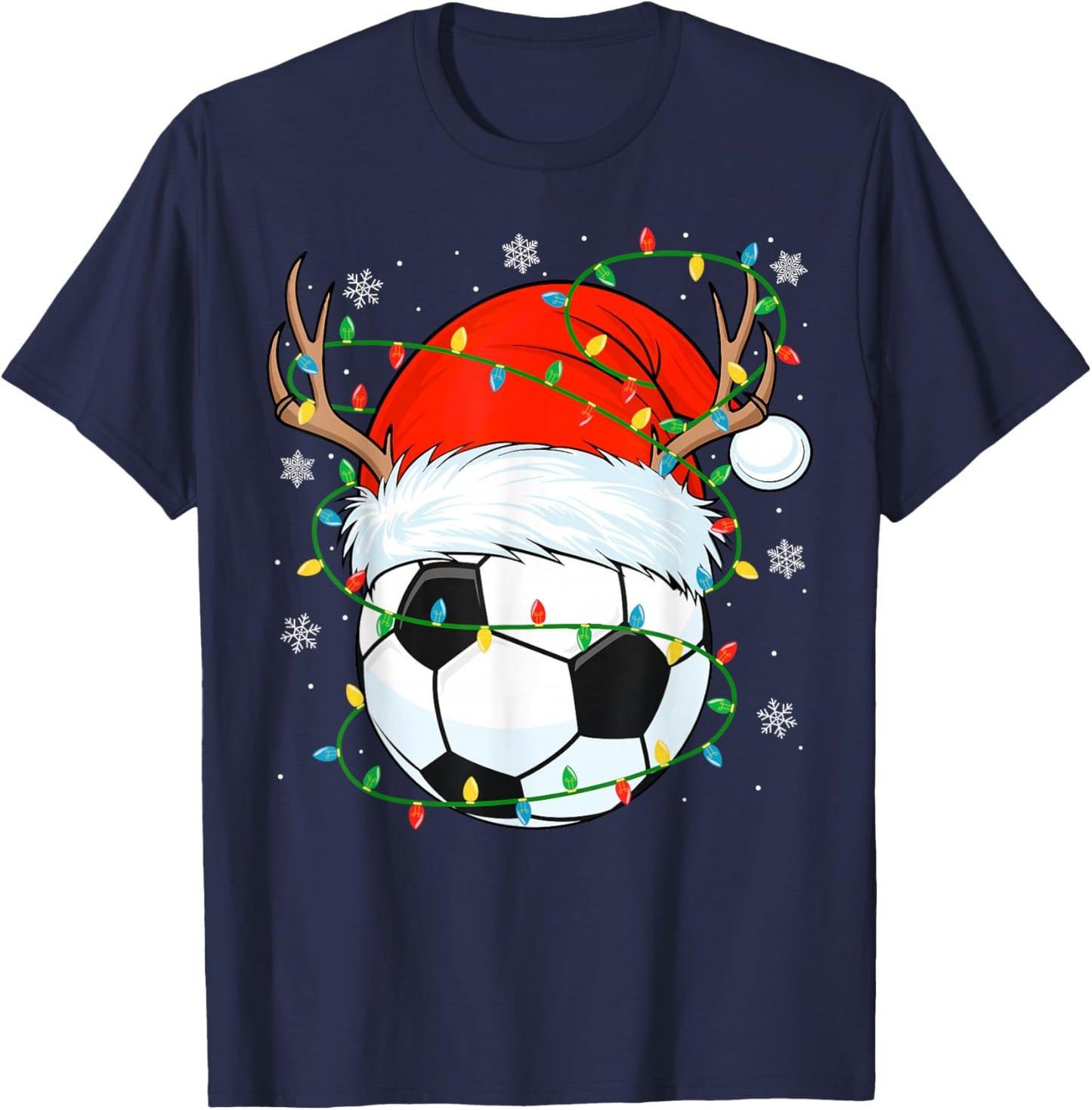 Santa Soccer Ball Xmas Lights Christmas Soccer Player T-Shirt - T-Shirt | Navy