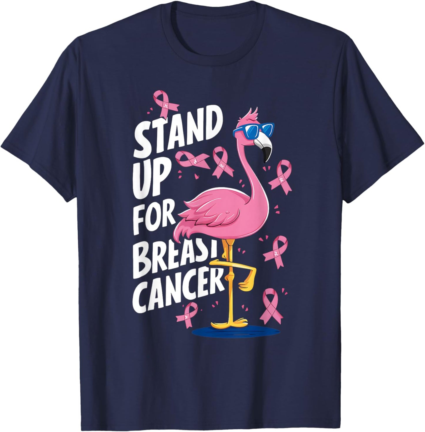 Pink Ribbon Awareness Stand Up to Breast Cancer Flamingo T-Shirt - T-Shirt | Navy
