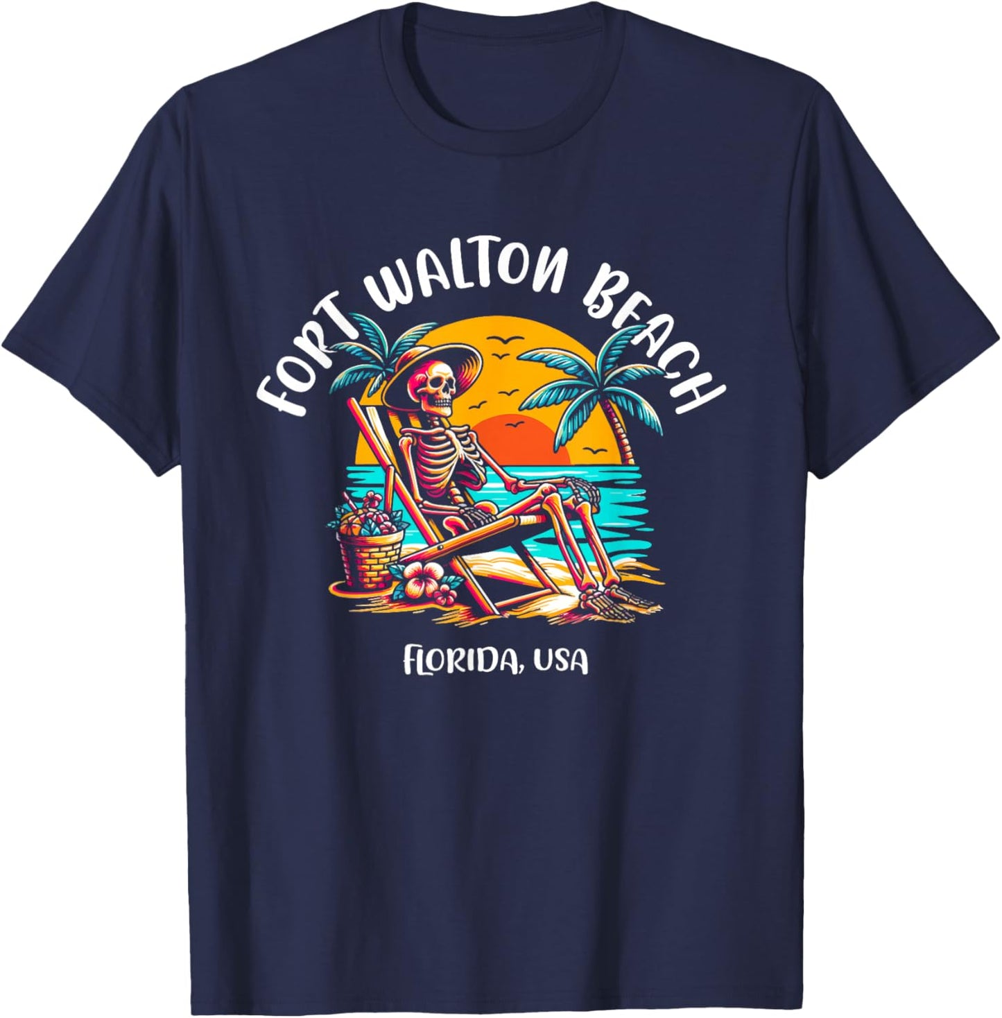 Fort Walton Beach Florida Fun Skeleton in The Hot Sun Design T-Shirt - T-Shirt | Navy