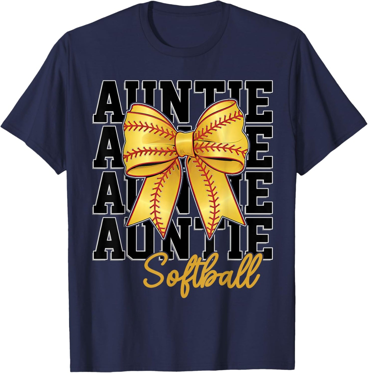 Softball Auntie Coquette Bow Biggest Fan Sport Lovers Girl T-Shirt - T-Shirt | Navy