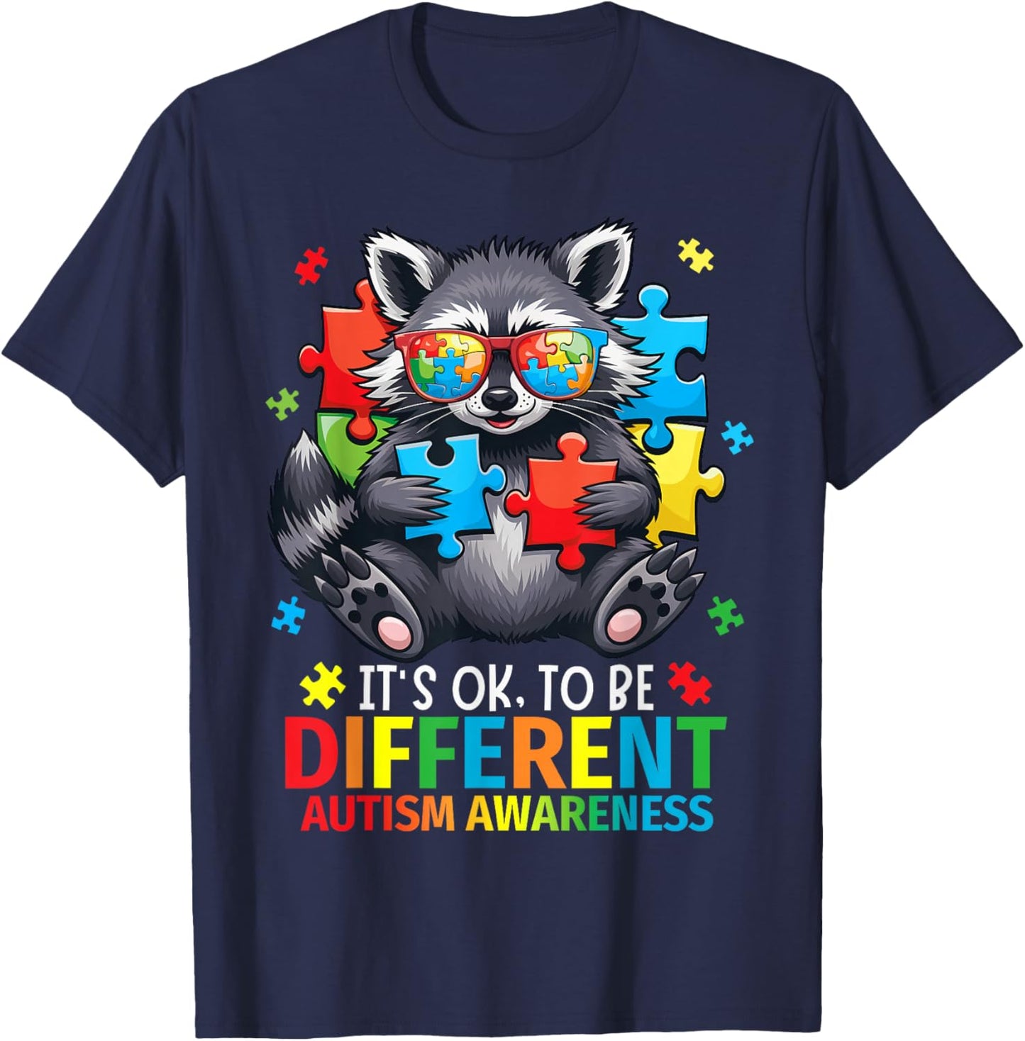 It's Okay To Be Different Autism Awareness Cute Raccoon T-Shirt - T-Shirt | Navy