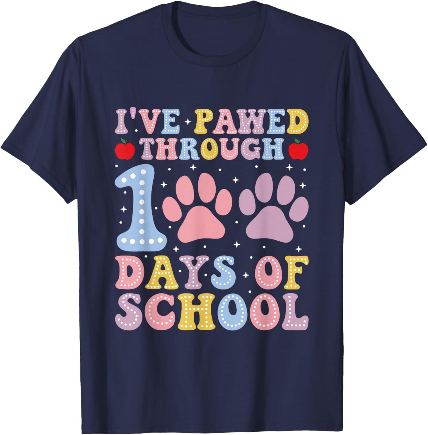 Funny 100 Days Of School Dogs Cats Paw Print Teacher Kids T-Shirt - T-Shirt | Navy