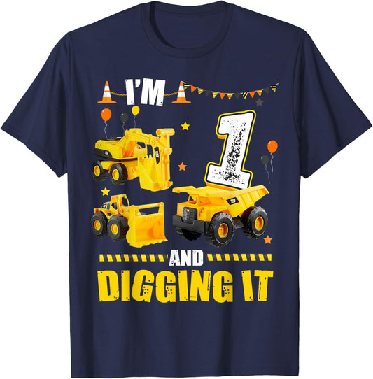 I'm 1 Year Old And Digging It 1st Birthday Construction T-Shirt - T-Shirt | Navy