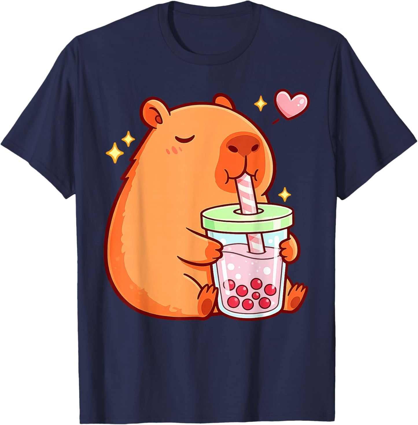 Funny Capybara Kawaii Anime Girls Drinking Boba Tea Lover T-Shirt - T-Shirt | Navy