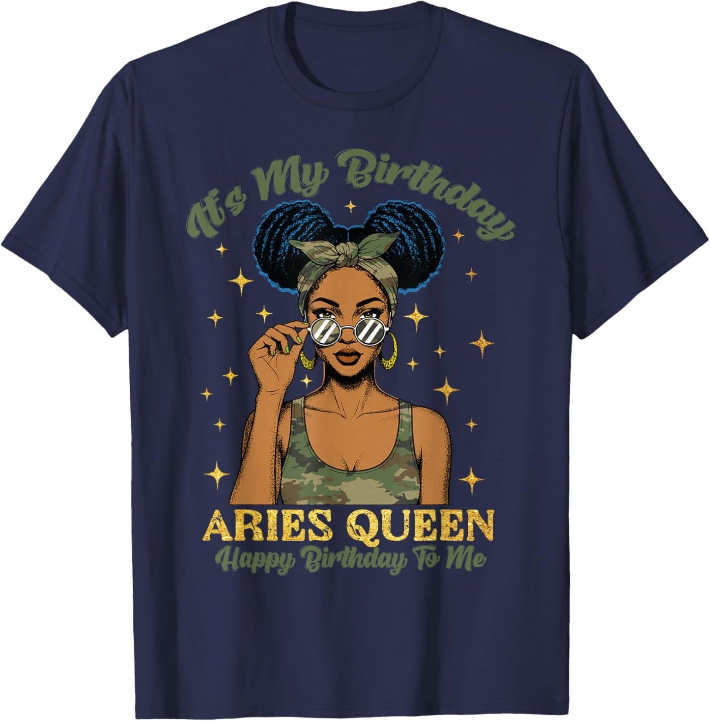 Birthday Aries Queen Camo Black Woman African Zodiac Afro T-Shirt - T-Shirt | Navy