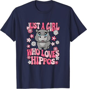 Just A Girl Who Loves Hippos Hippopotamus Lover Girls Kids T-Shirt - T-Shirt | Navy