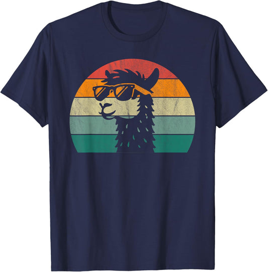 Retro Alpaca Design (Multi-Colour) | Sunset Llama , black, S T-Shirt - T-Shirt | Navy