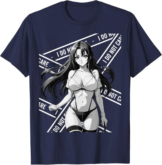 Sexy Waifu Otaku Anime Girl Japanese in Black and White Art T-Shirt - T-Shirt | Navy
