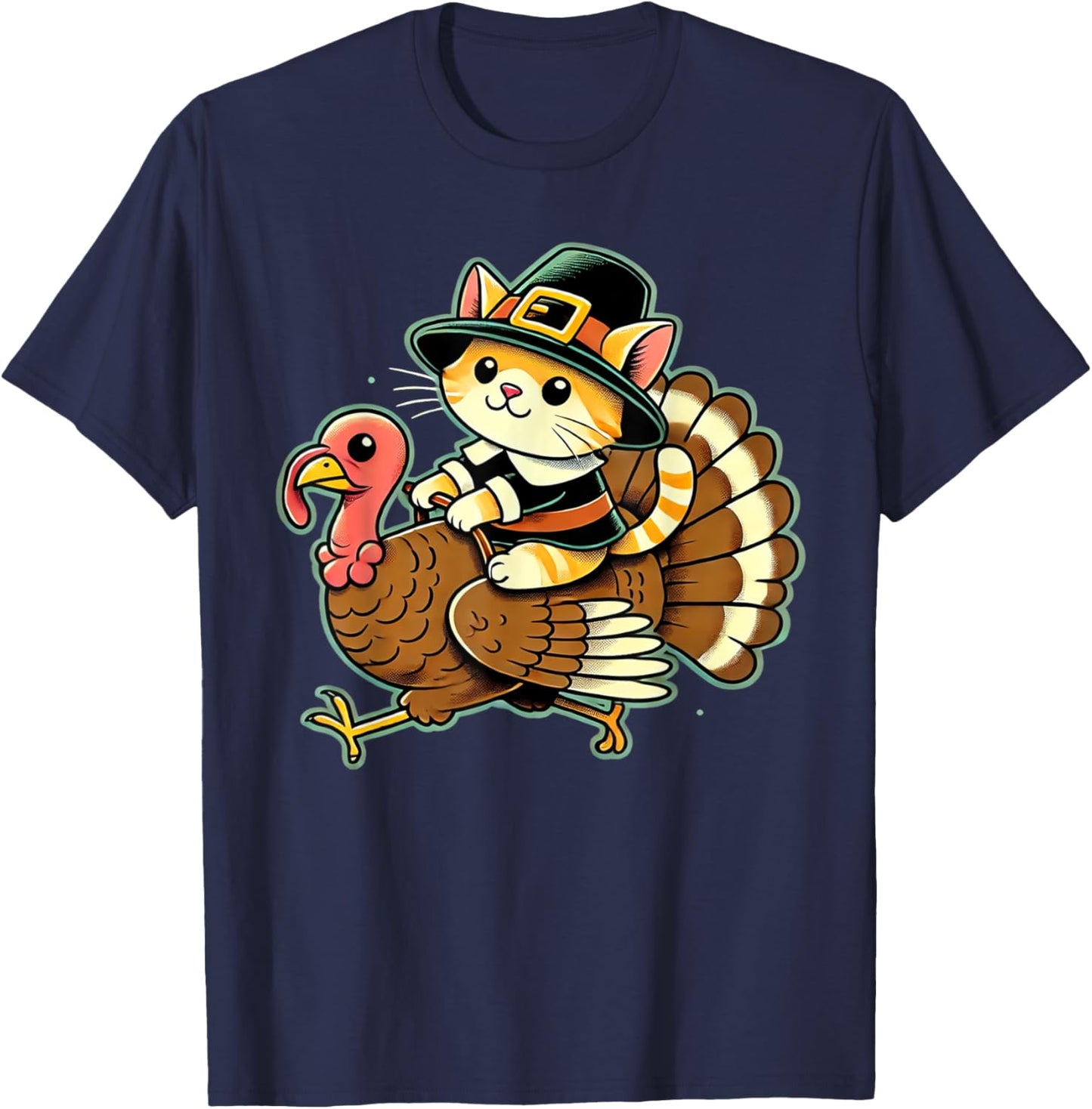 Cute Cat Pilgrim Costume And Turkey Funny Thanksgiving Retro Women Girls Kids T-Shirt - T-Shirt | Navy
