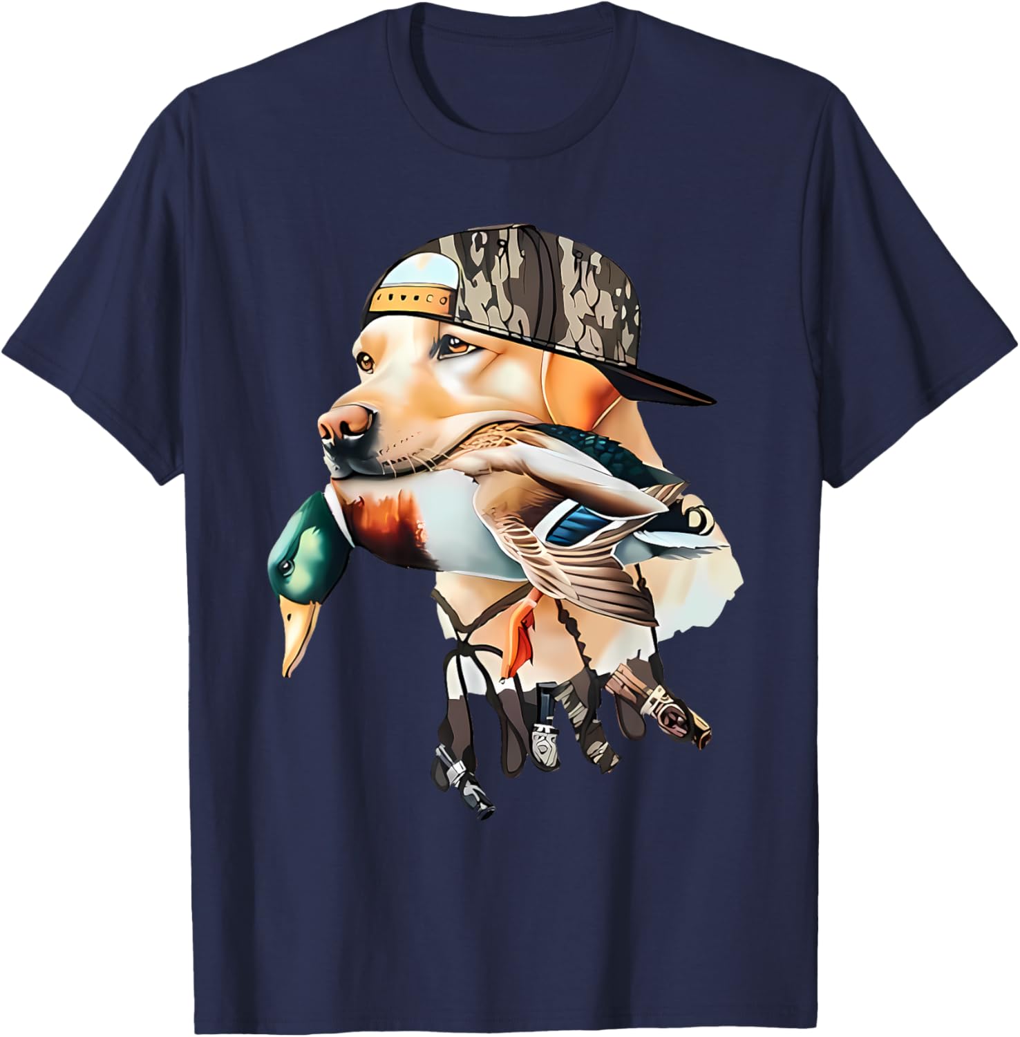 Bold Hunting Dog With Duck Hello Hunting Season Men Women T-Shirt - T-Shirt | Navy