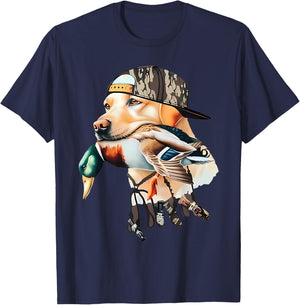 Bold Hunting Dog With Duck Hello Hunting Season Men Women T-Shirt - T-Shirt | Navy