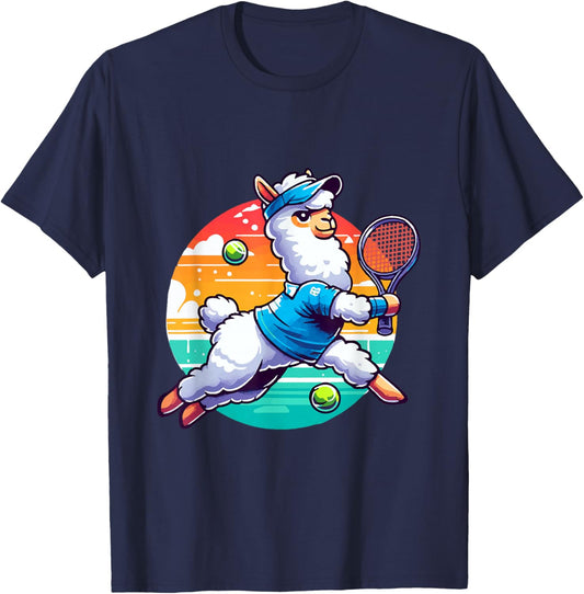 Llama Playing Tennis in Front of a Sunset T-Shirt - T-Shirt | Navy