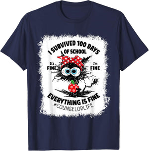 I Survived 100 Days Of School Its Fine Counselor Bleached T-Shirt - T-Shirt | Navy