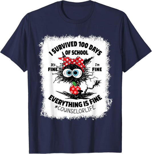 I Survived 100 Days Of School Its Fine Counselor Bleached T-Shirt - T-Shirt | Navy