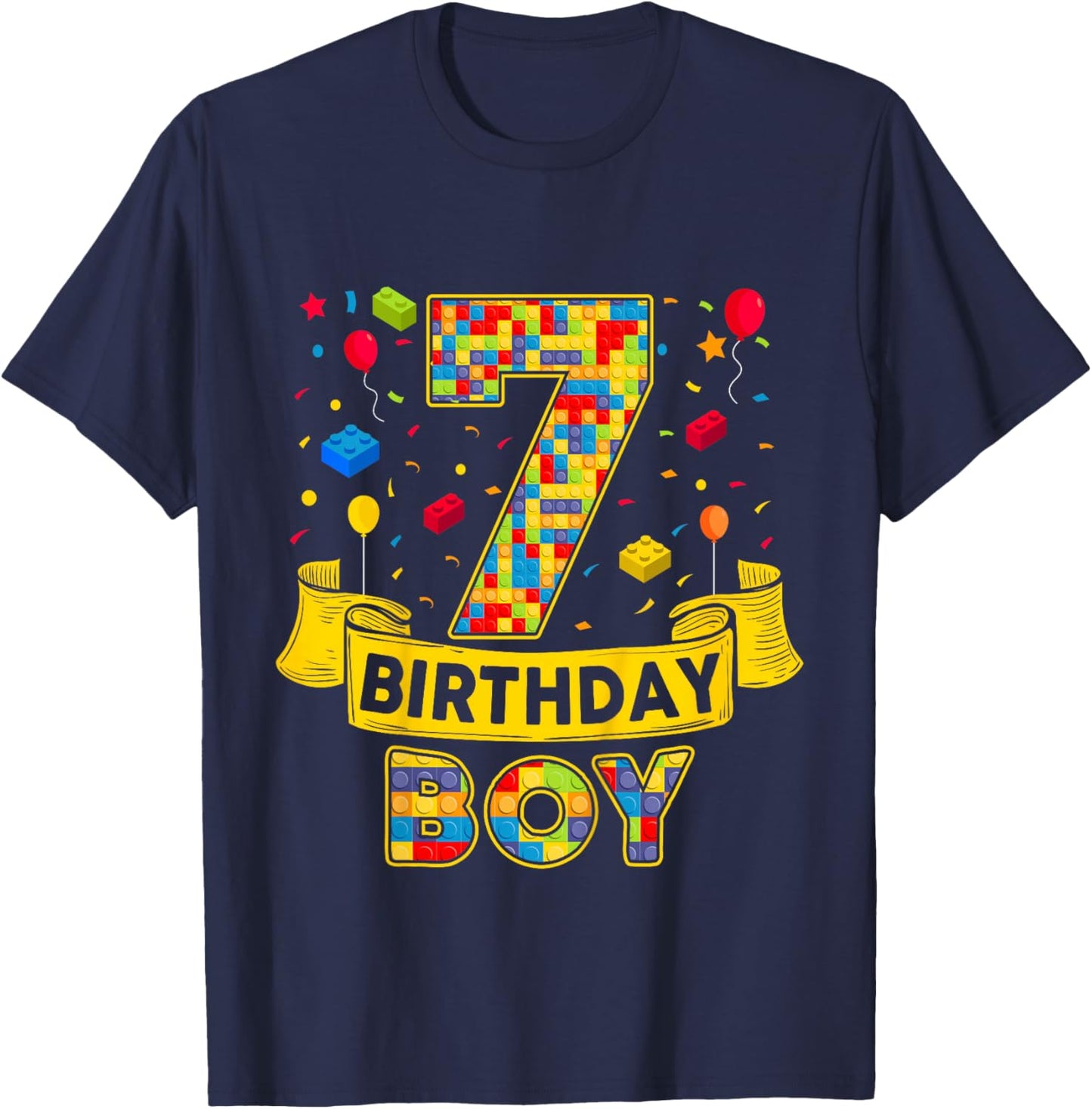 7th Birthday Boy Brick Builder I'm 7 Year Old Birthday T-Shirt - T-Shirt | Navy