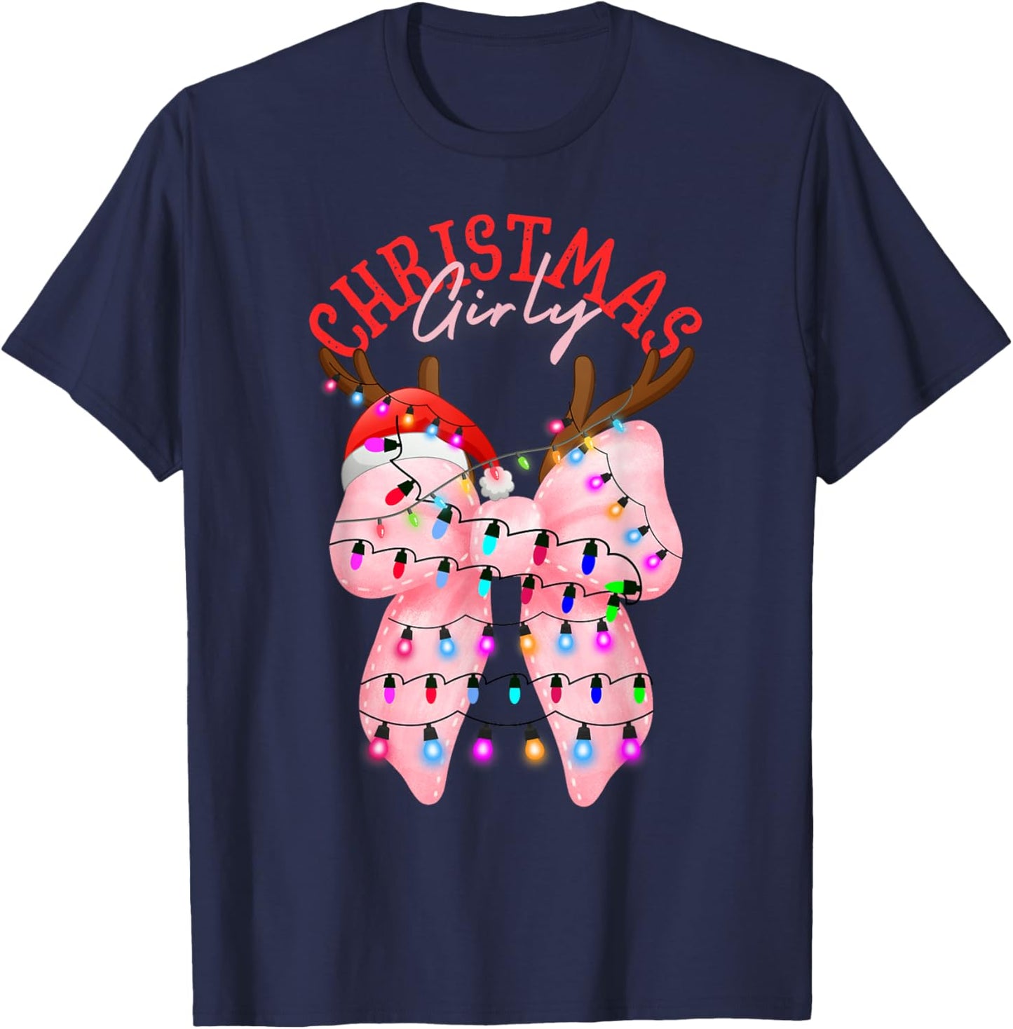 Coquette Bow Pink Gingerbread Christmas Girly Xmas Holiday T-Shirt - T-Shirt | Navy