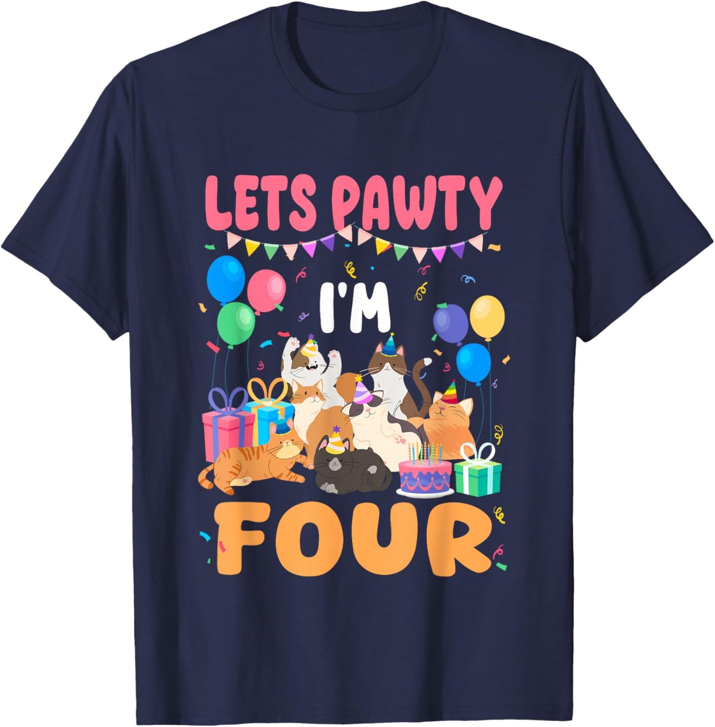Lets Pawty I'm Four 4th Birthday Cats Themed Party T-Shirt - T-Shirt | Navy