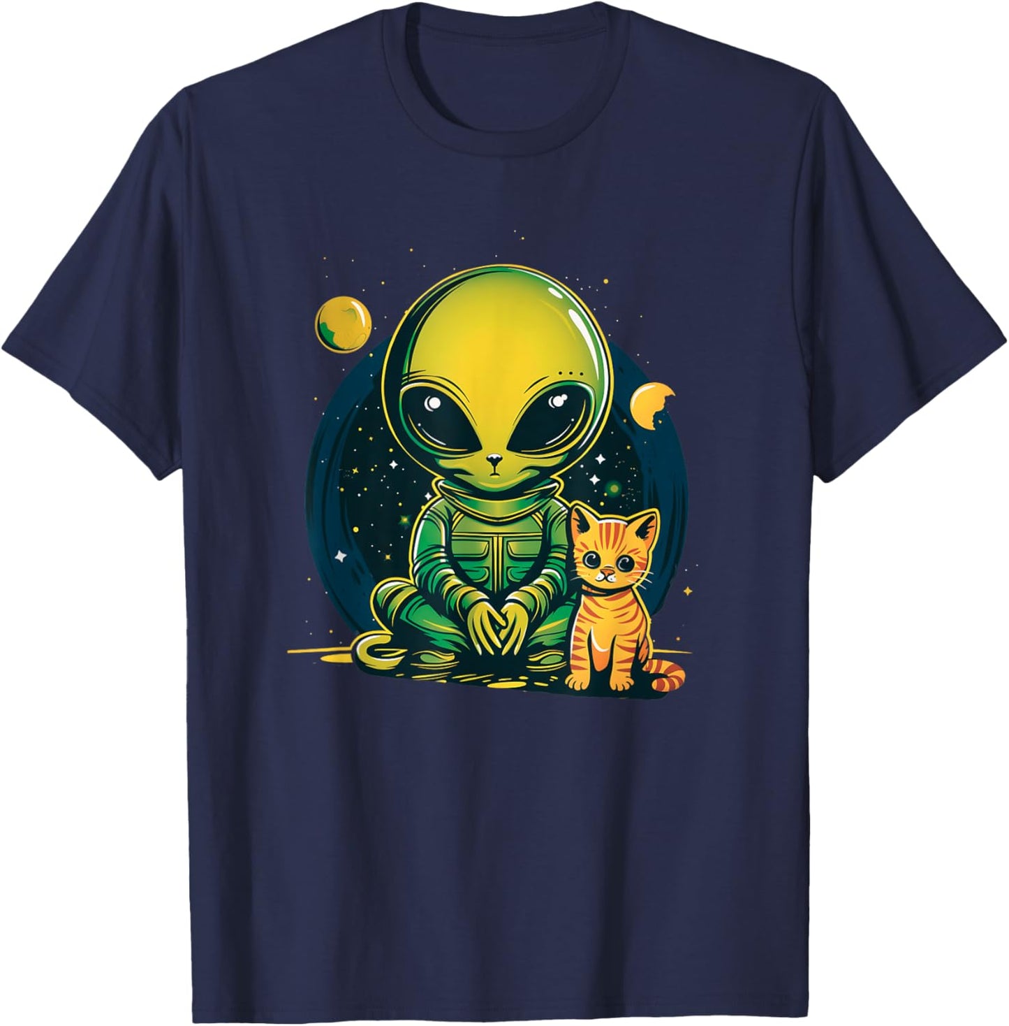 Alien And Cat Funny Cat Selfie With Alien Vintage Ufo Funny T-Shirt - T-Shirt | Navy