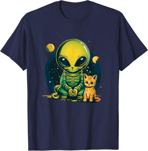 Alien And Cat Funny Cat Selfie With Alien Vintage Ufo Funny T-Shirt - T-Shirt | Navy