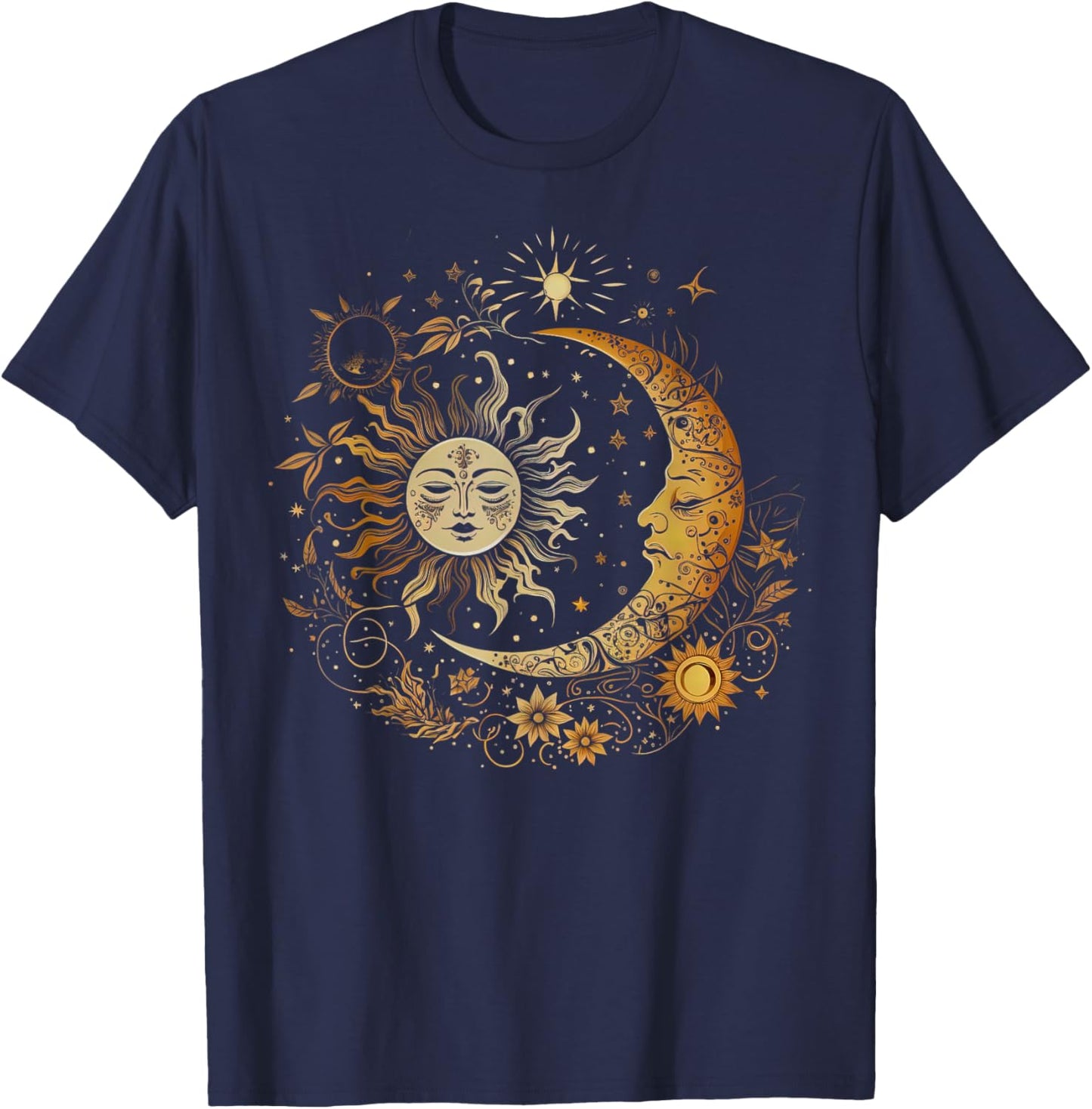 Vintage Celestial Sun Moon Flower Astrology Moon Phases T-Shirt - T-Shirt | Navy