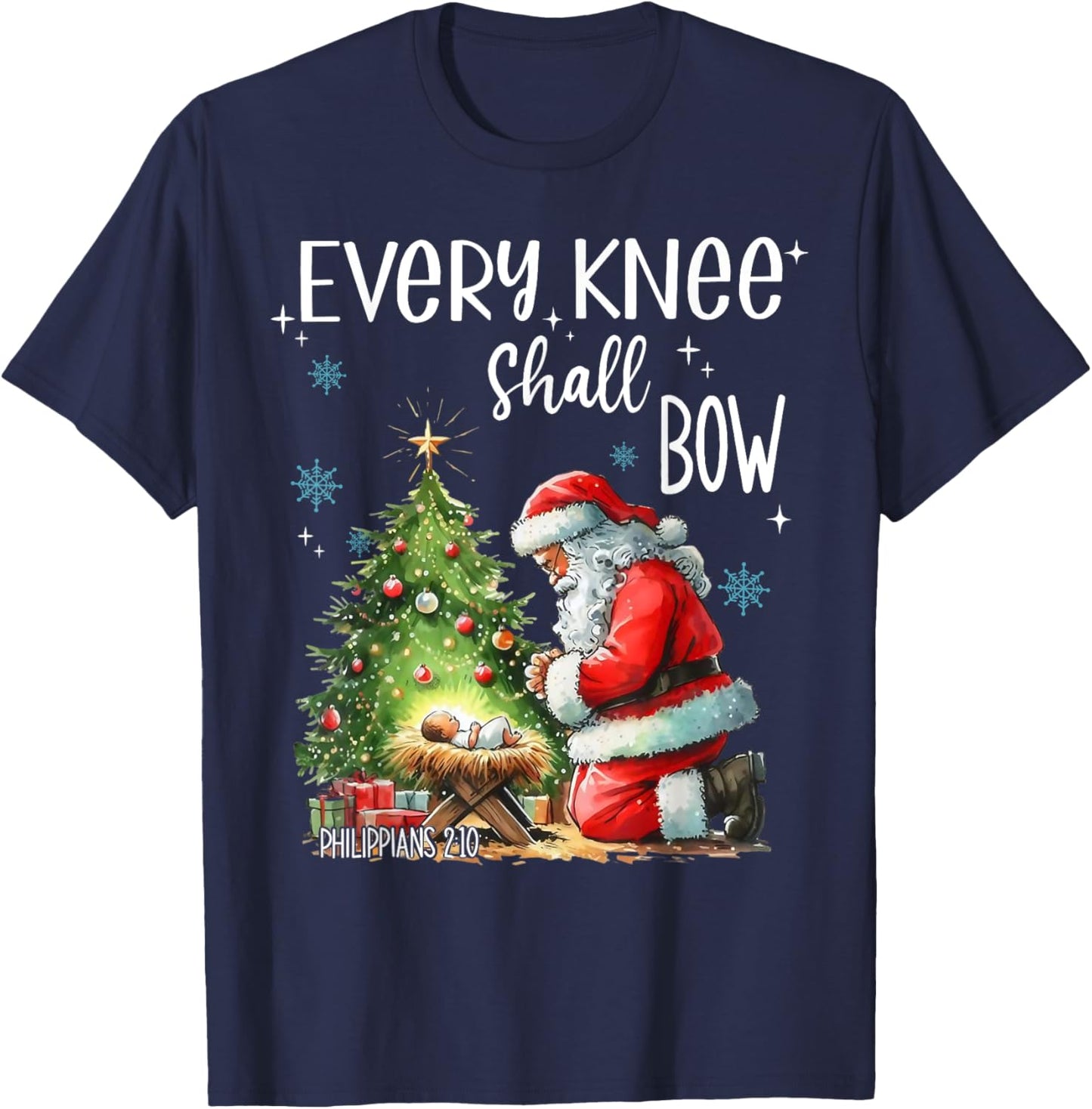 Every Knee Shall Bow Santa Claus Jesus Christian Christmas T-Shirt - T-Shirt | Navy