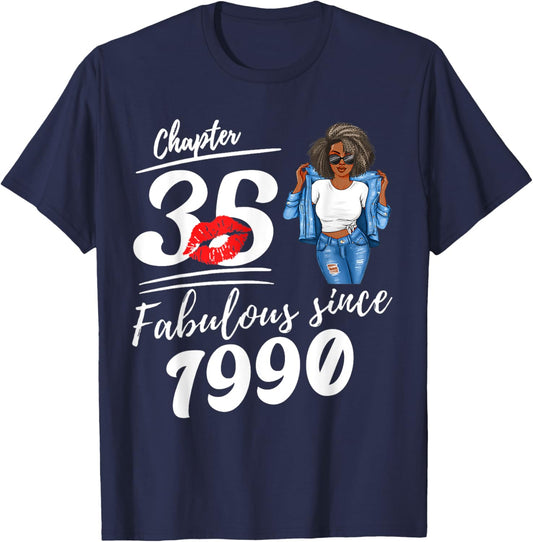 Chapter 35 Fabulous Since 1990 35th Birthday Afro Black Girl T-Shirt - T-Shirt | Navy
