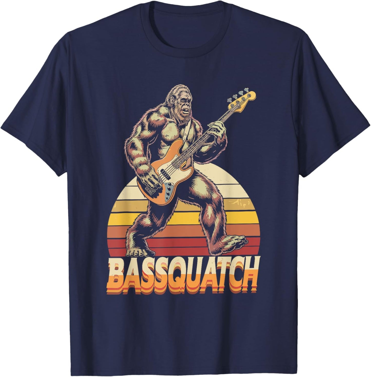 Bassquatch, Retro Bigfoot Bass Guitar Sasquatch T-Shirt - T-Shirt | Navy