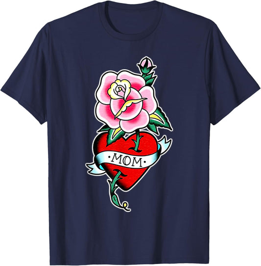 Mom x Rose x Heart Traditional Tattoo Flash T-Shirt - T-Shirt | Navy
