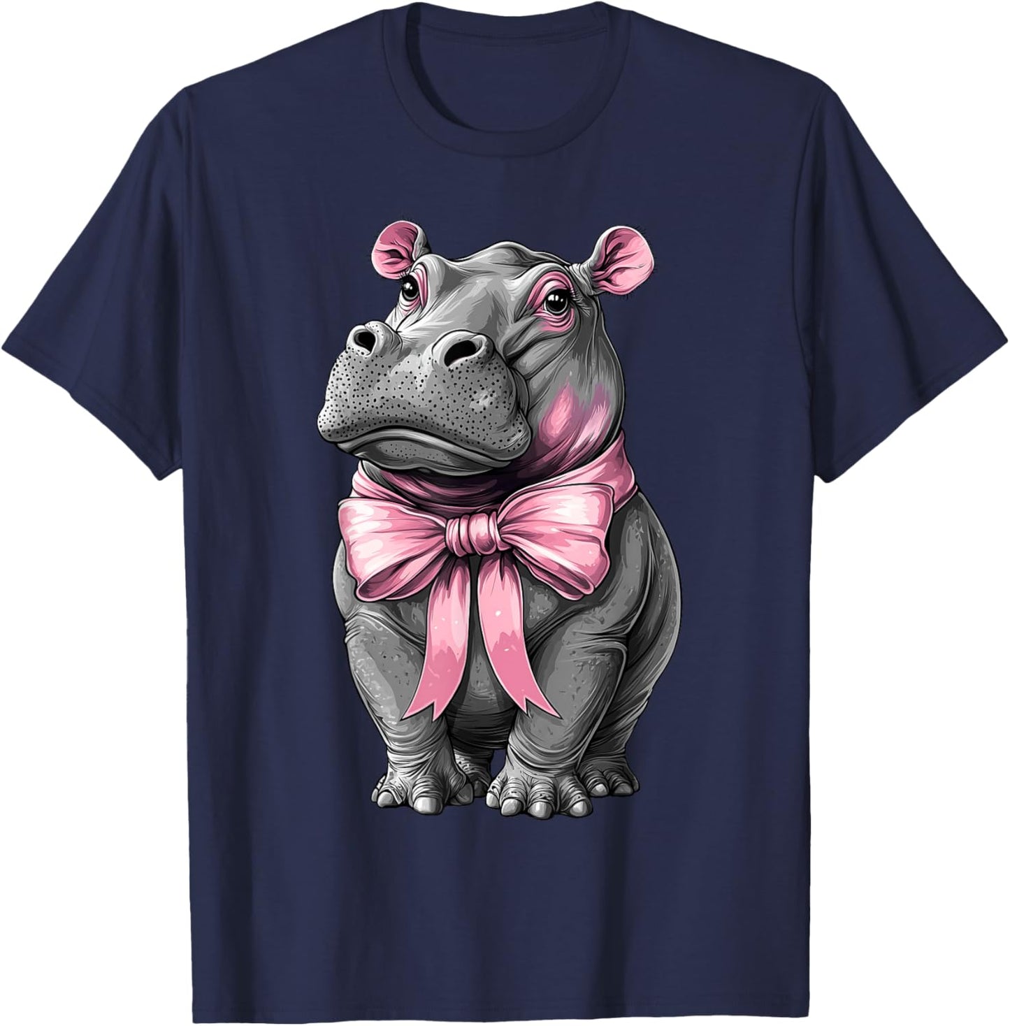 Coquette Bow Hippo Hippopotamus Blushing Girl Mom Pink T-Shirt - T-Shirt | Navy
