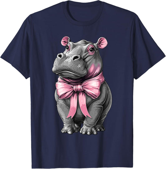 Coquette Bow Hippo Hippopotamus Blushing Girl Mom Pink T-Shirt - T-Shirt | Navy