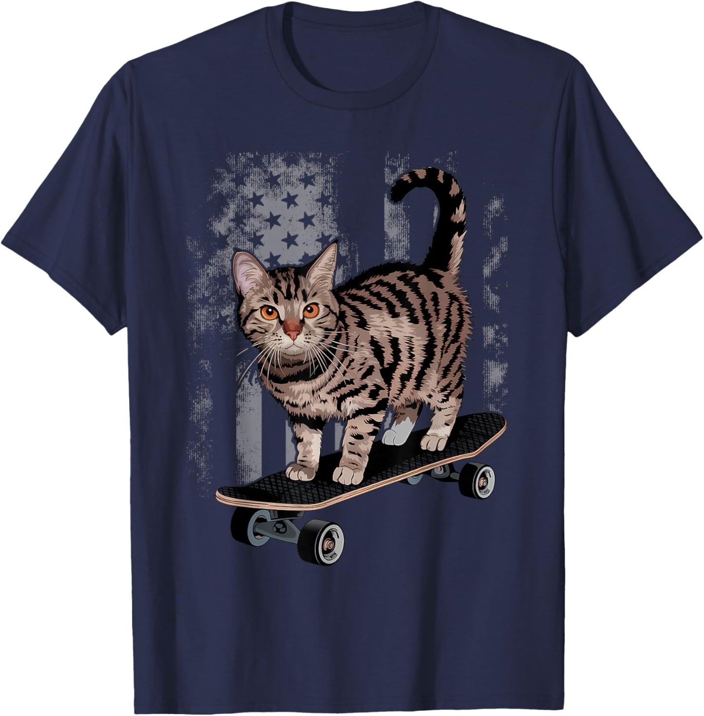 Cat on Skateboard Funny Gray Tabby Kitty T-Shirt - T-Shirt | Navy