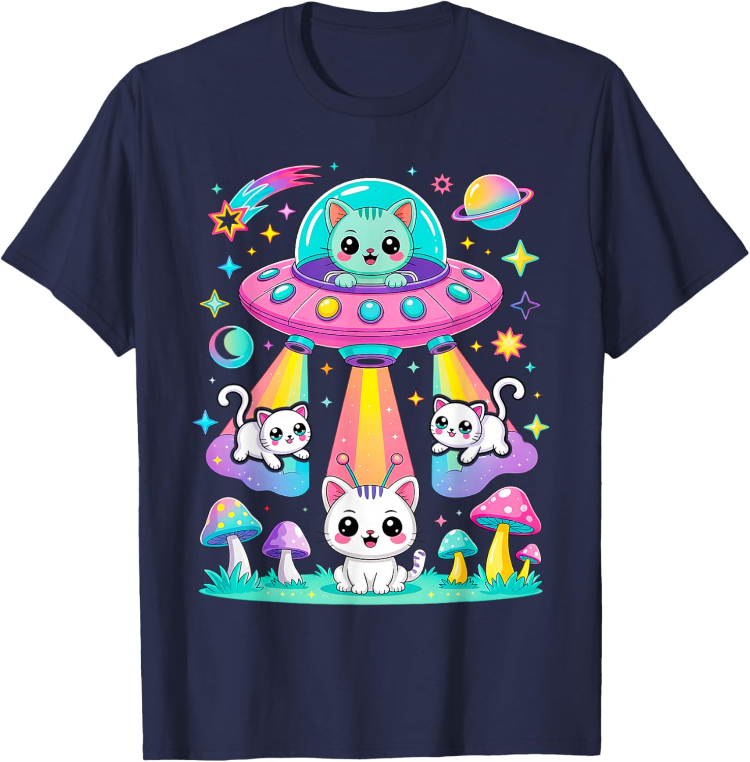 Funny Cat UFO Cute Kitty Space Spaceship Alien Aesthetic T-Shirt - T-Shirt | Navy