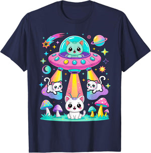 Funny Cat UFO Cute Kitty Space Spaceship Alien Aesthetic T-Shirt - T-Shirt | Navy